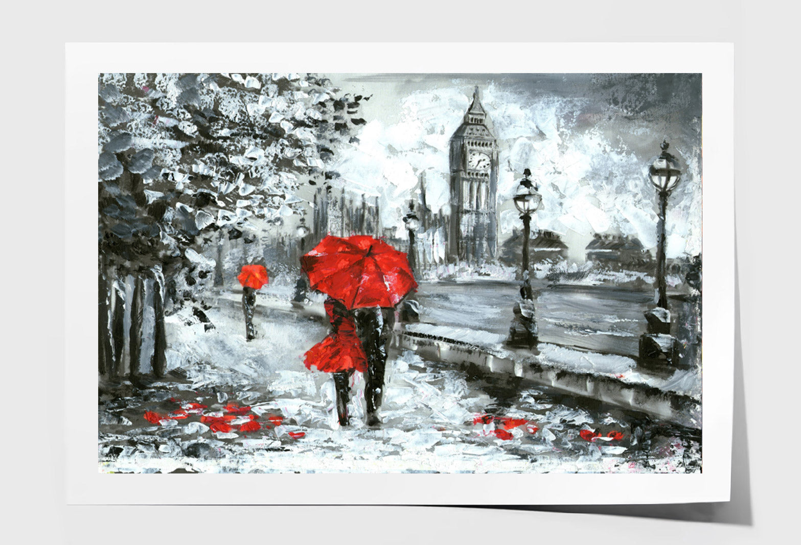 Red Umbrella Couple & Big Ben B&W Oil Painting Wall Art Limited Edition High Quality Print Unframed Roll Canvas None