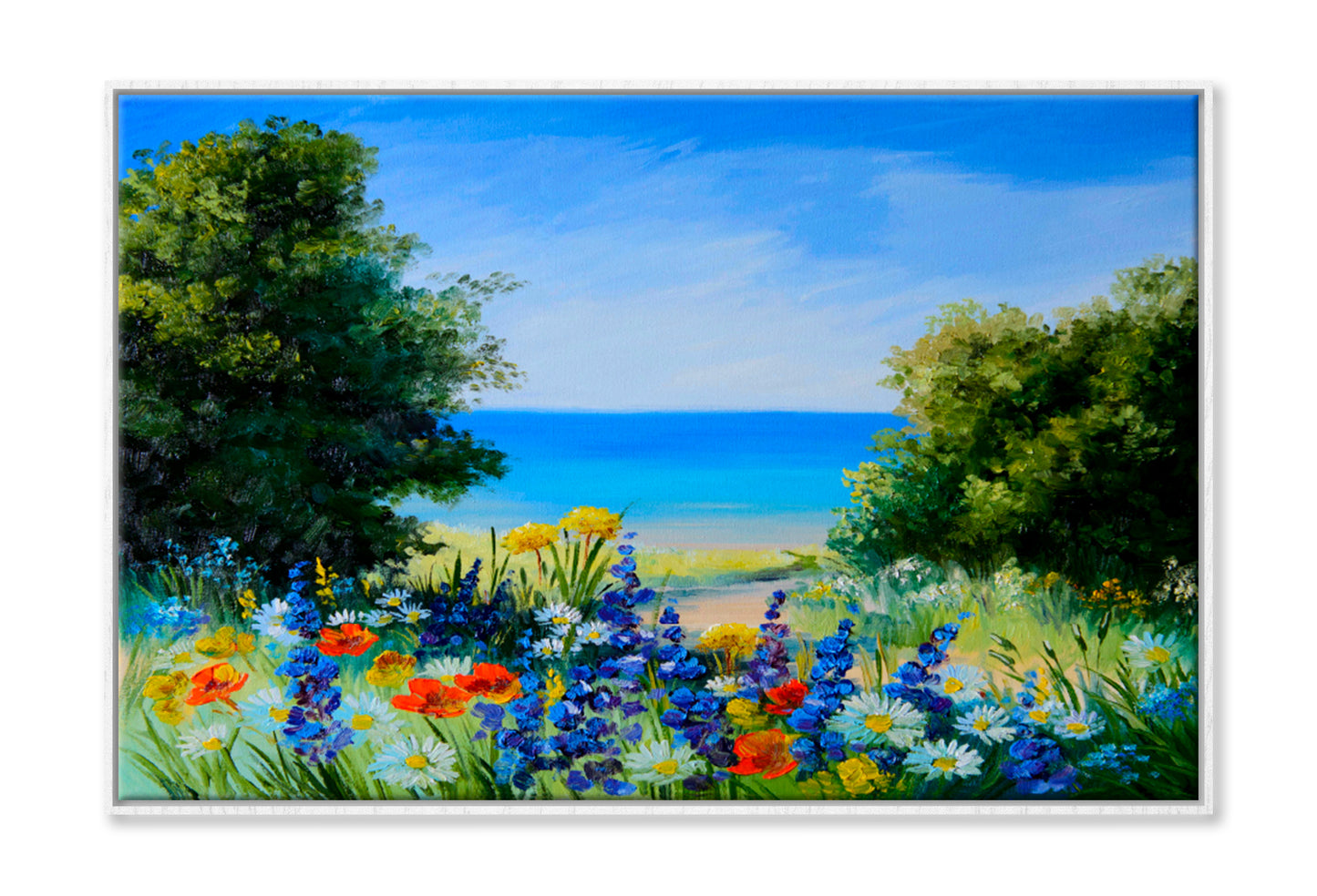 Field Near The Sea, Wild Flowers Oil Painting Wall Art Limited Edition High Quality Print Canvas Box Framed White