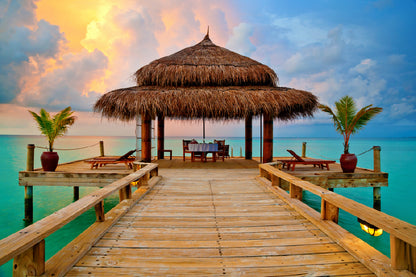 Tropical Hut on Sea Sunset View Photograph Home Decor Premium Quality Poster Print Choose Your Sizes