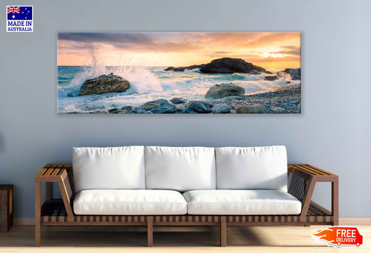 Panoramic Canvas Sea Waves on Stone View Photograph High Quality 100% Australian Made Wall Canvas Print Ready to Hang