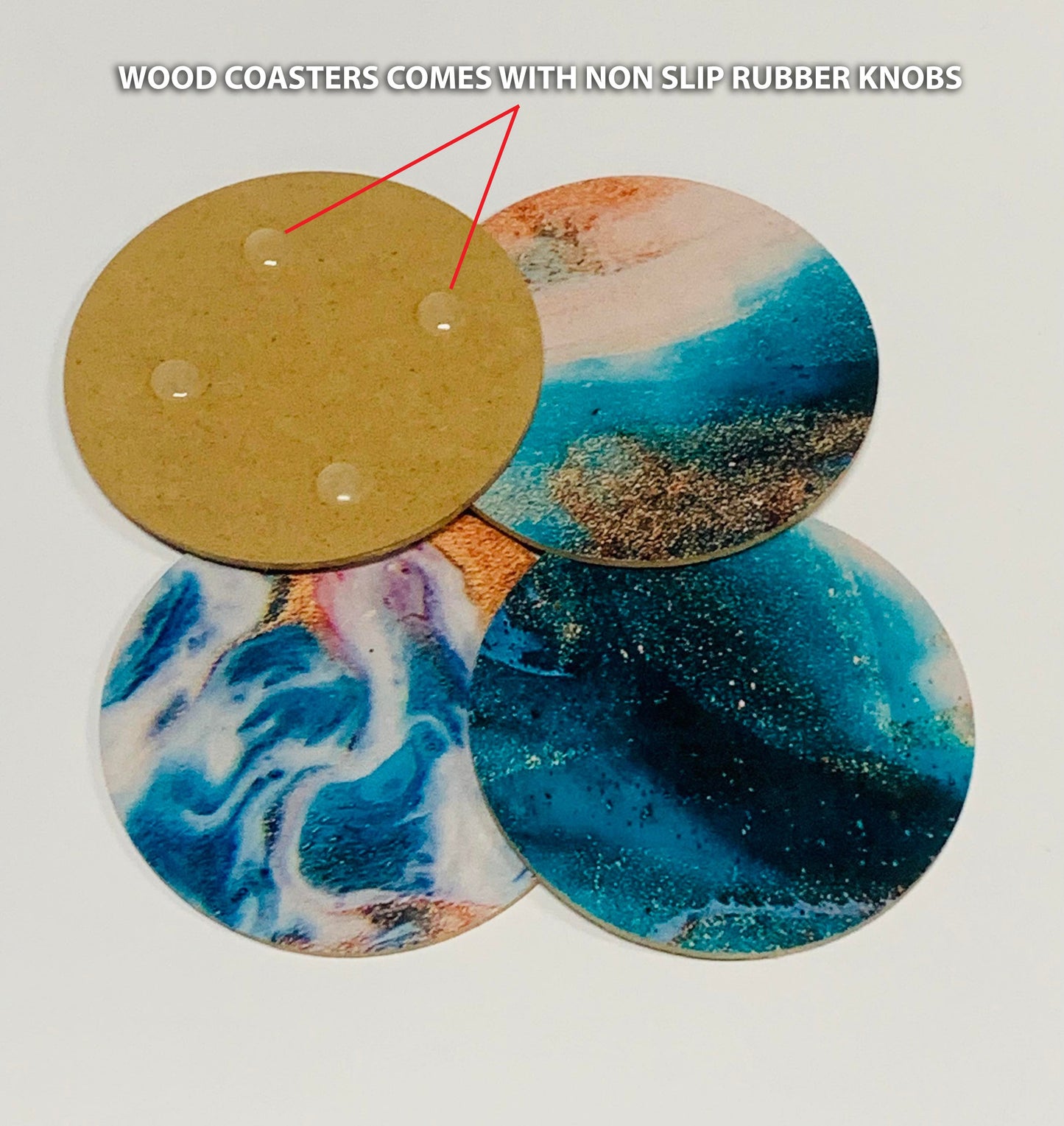 Yellow Orange Blue Watercolor Design Coasters Wood & Rubber - Set of 6 Coasters