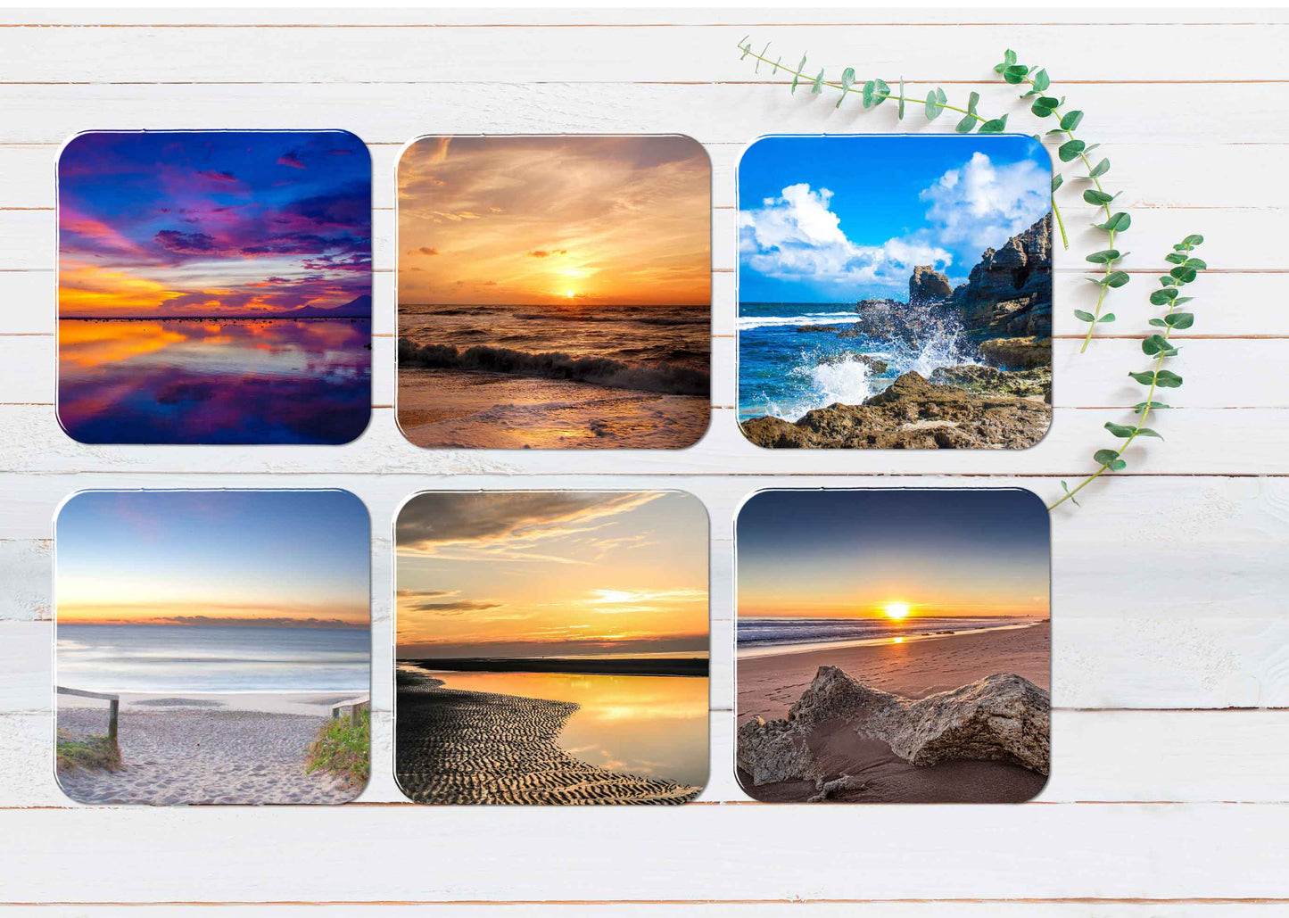 Beach Path Sea Splash on Rocks Sunset Coasters Wood & Rubber - Set of 6 Coasters