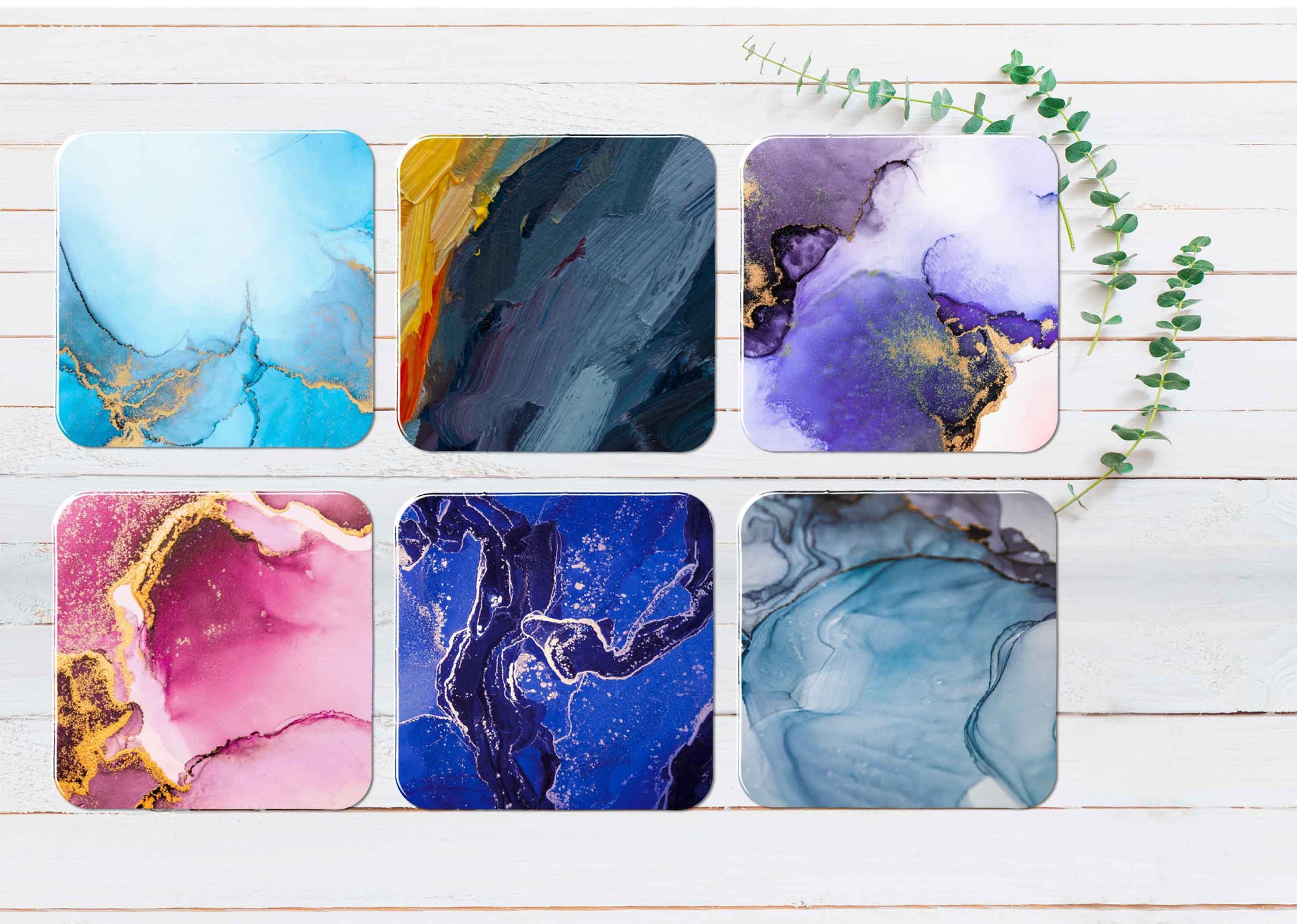 Blue Purple Pink Gold Fluid Abstract Coasters Wood & Rubber - Set of 6 Coasters