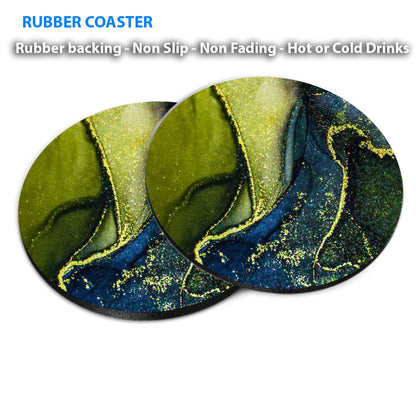 Green Yellow Black Gold Abstract Coasters Wood & Rubber - Set of 6 Coasters