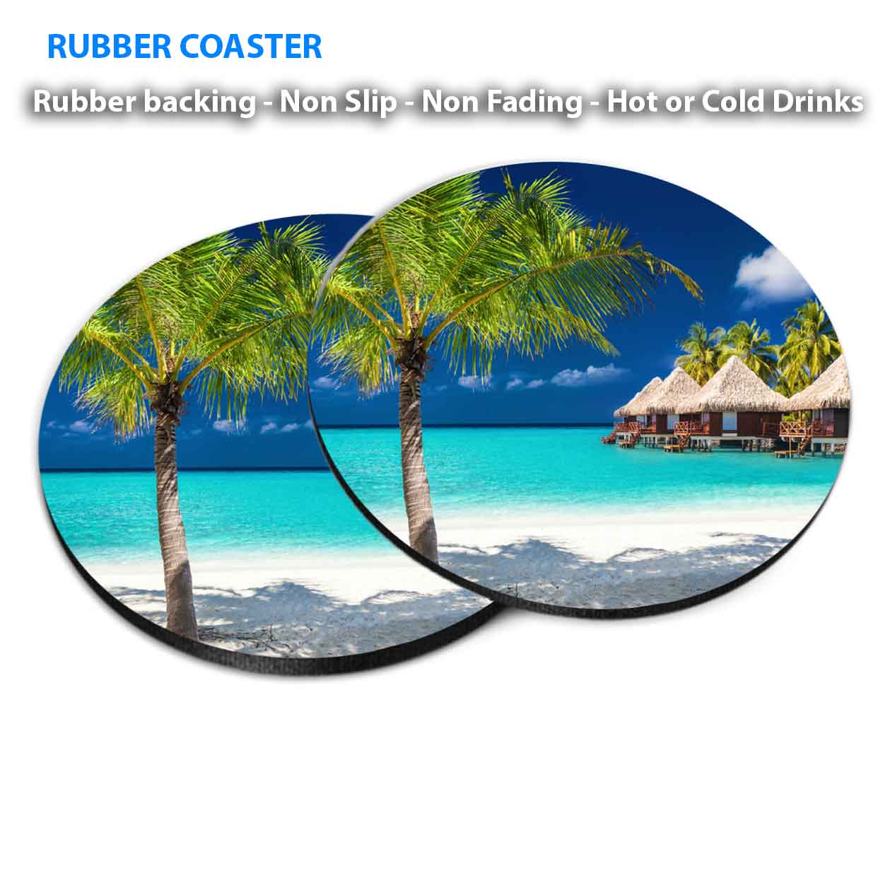 Beach Cliffs Boats & Palm Trees Sea Coasters Wood & Rubber - Set of 6 Coasters