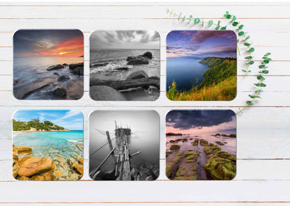 Rocks near Sea B&W Wooden Path View Coasters Wood & Rubber - Set of 6 Coasters