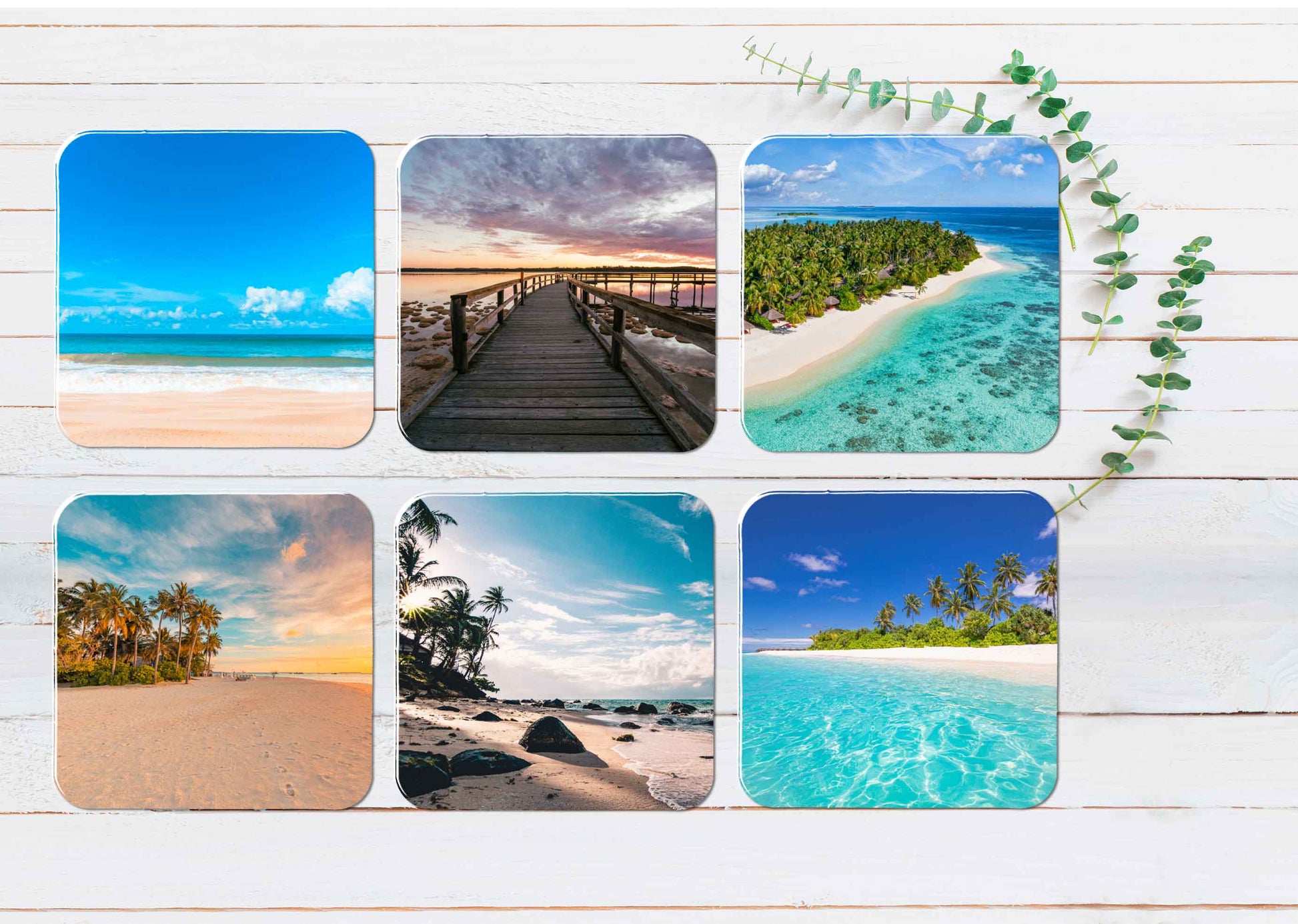 Wooden Bridge Palm Tree Beach Scenery Coasters Wood & Rubber - Set of 6 Coasters