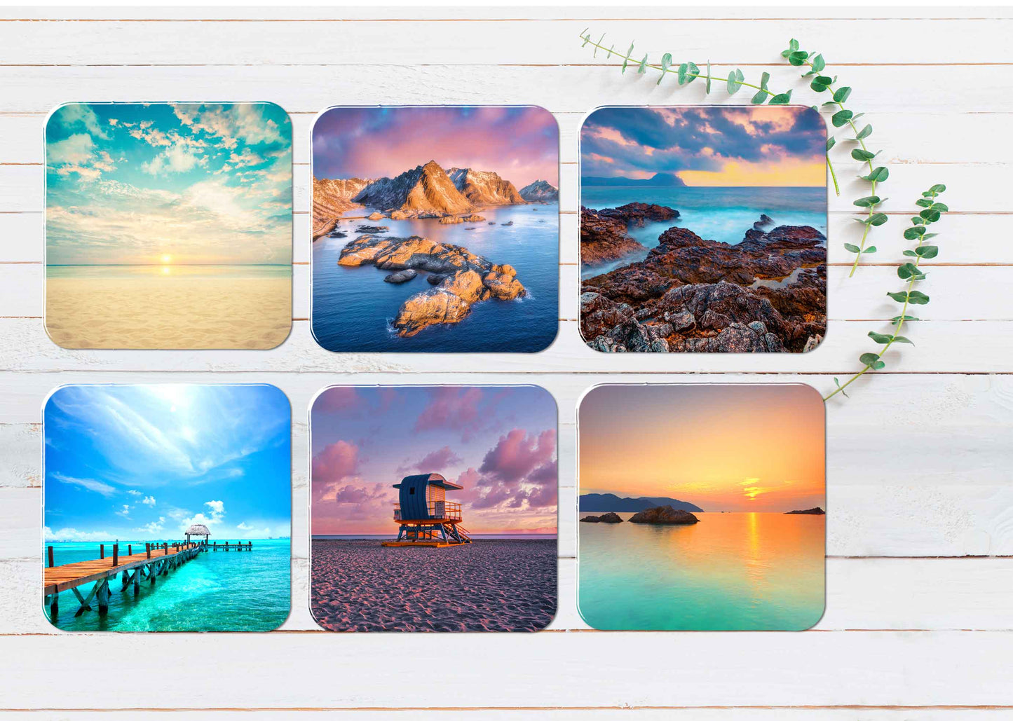 Rocky Island Wooden Path Sunset Sky Coasters Wood & Rubber - Set of 6 Coasters