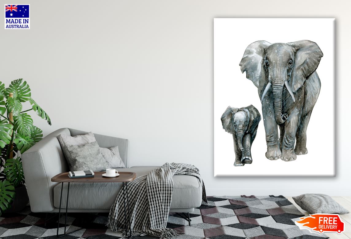 B&W Elephants Walking Painting Print 100% Australian Made