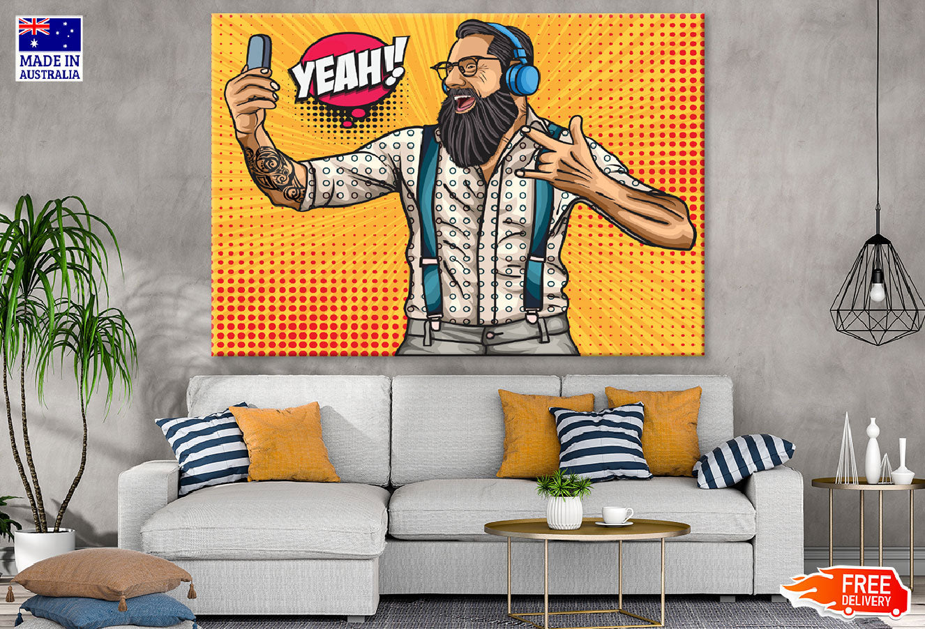 Yeah Quote & Bearded Man with Headphones Print 100% Australian Made