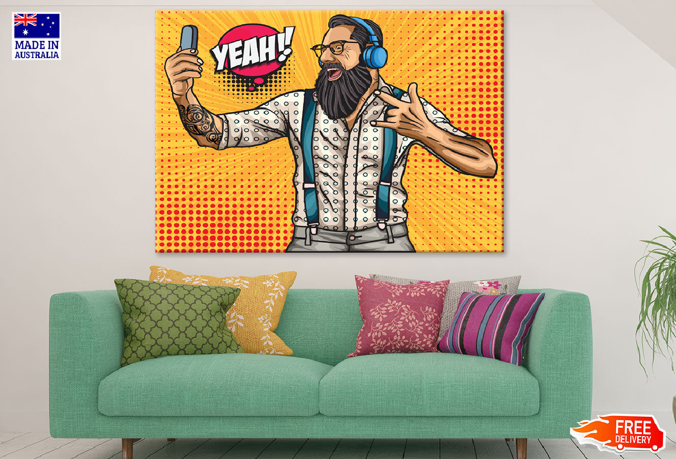 Yeah Quote & Bearded Man with Headphones Print 100% Australian Made