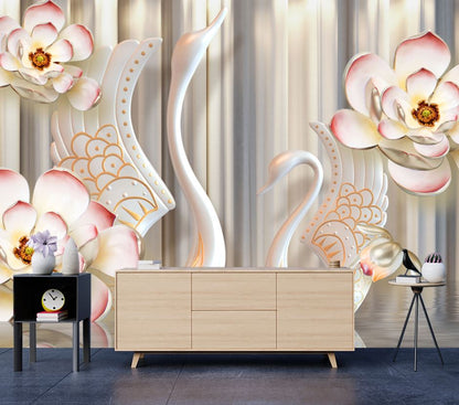 Wallpaper Murals Peel and Stick Removable Swans & Floral Design High Quality