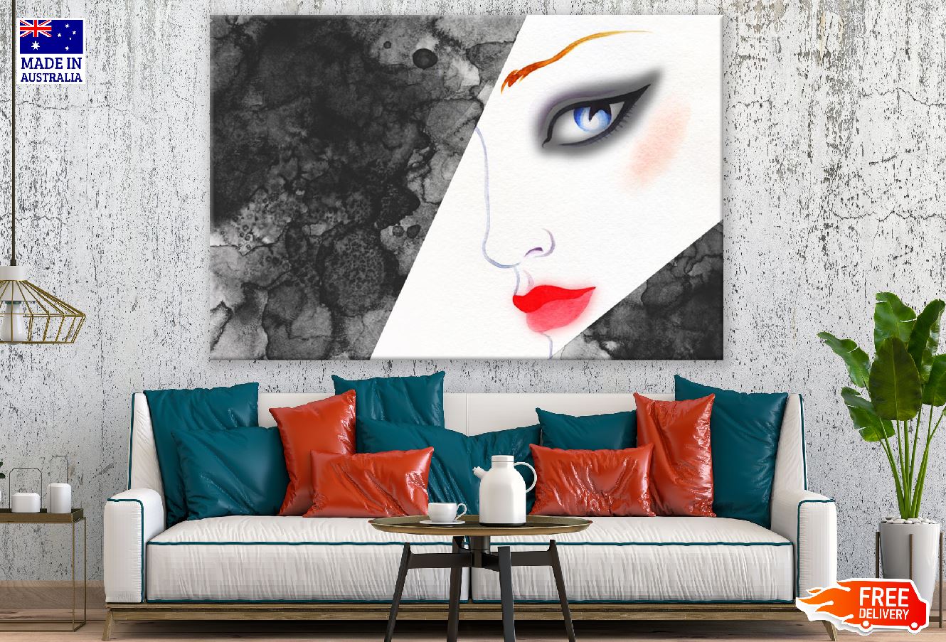 Fashion Young Woman With Red Lips B&W Watercolor Painting Print 100% Australian Made