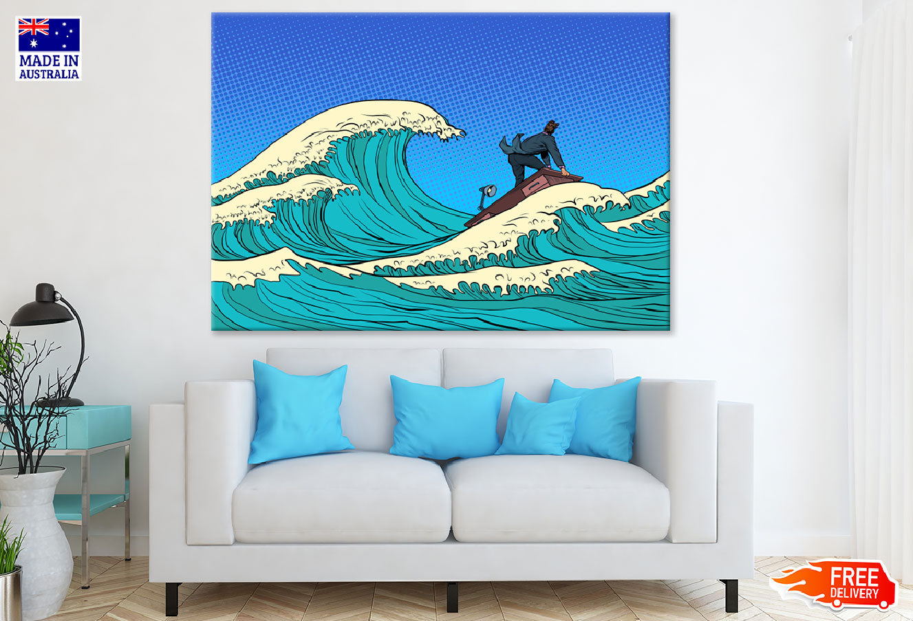 Businessman Floating on Sea Illustration Print 100% Australian Made
