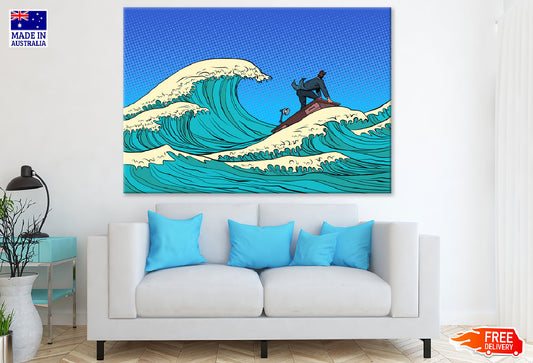 Businessman Floating on Sea Illustration Print 100% Australian Made