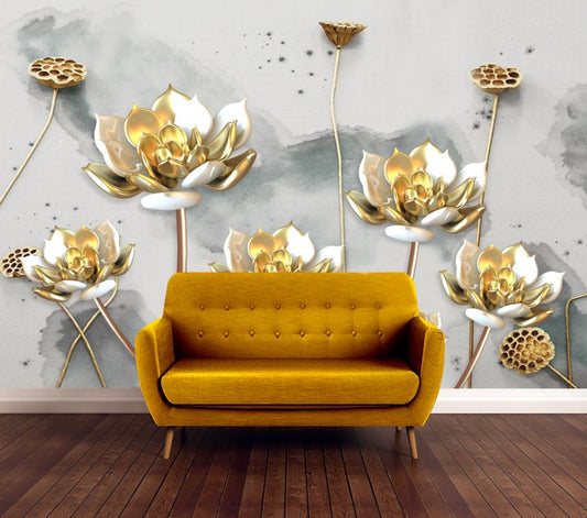 Wallpaper Murals Peel and Stick Removable Gold Floral Design High Quality