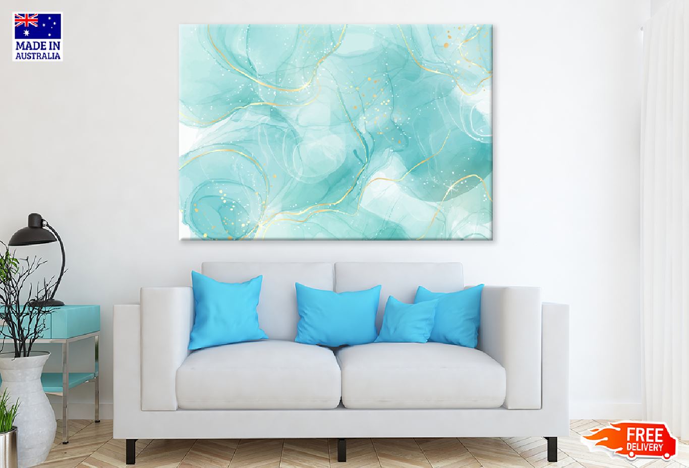 White Green & Gold Abstract Fluid Design Print 100% Australian Made