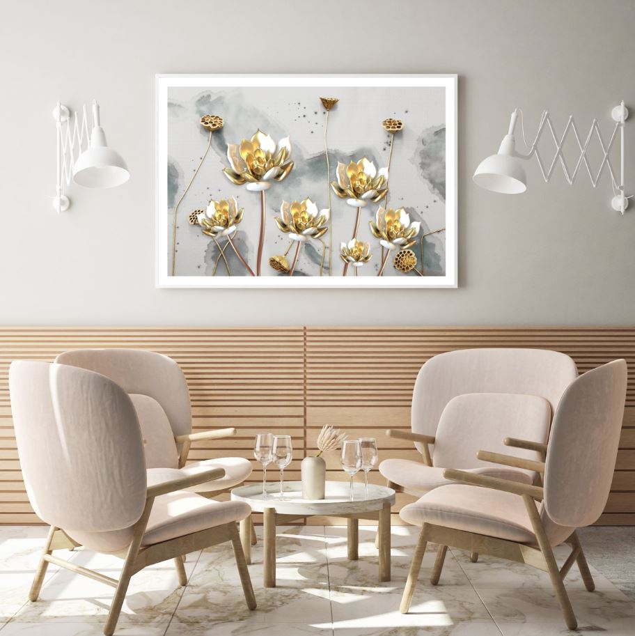 Golden Lotus Flowers 3D Design Home Decor Premium Quality Poster Print Choose Your Sizes