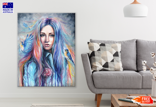 Birds and Blue Hair Girl Portrait Painting Print 100% Australian Made