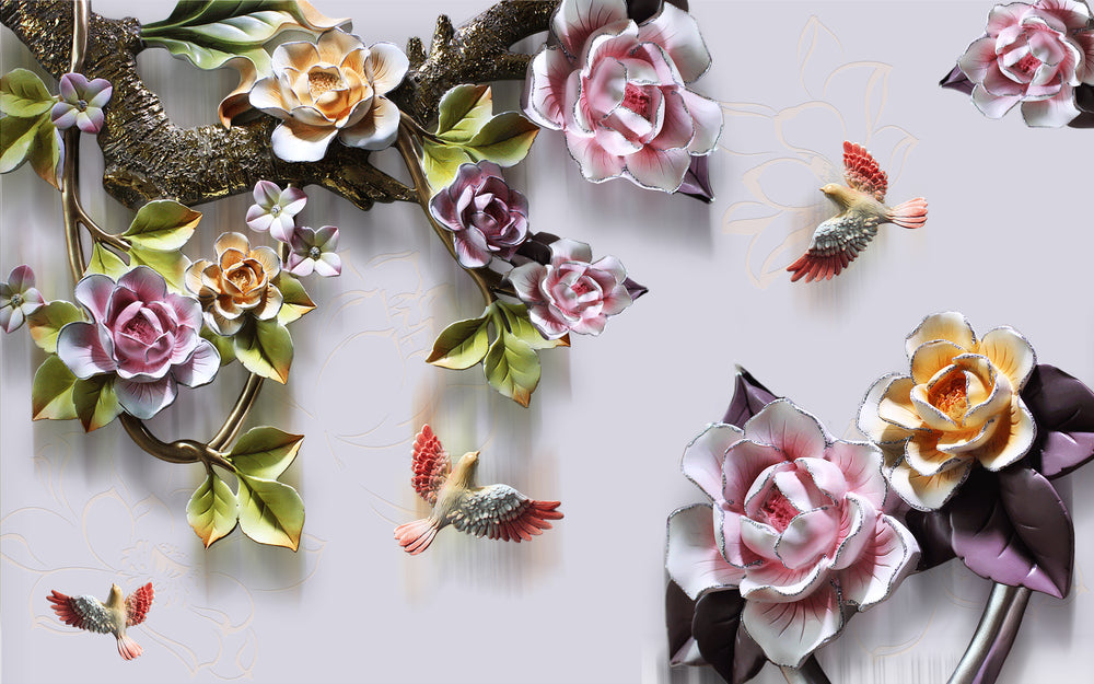Birds & Flowers Ceramic 3D Design Photograph Print 100% Australian Made