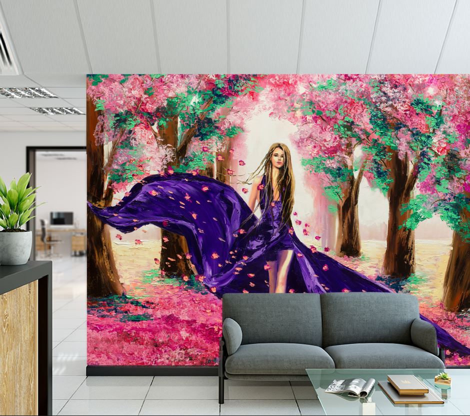 Wallpaper Murals Peel and Stick Removable Young Girl Walking in Colorful Forest Painting High Quality