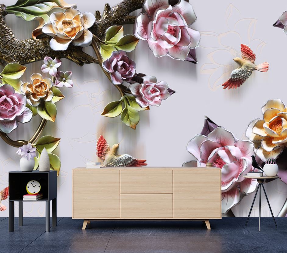 Wallpaper Murals Peel and Stick Removable Birds & Floral 3D Design High Quality