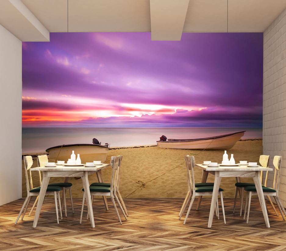 Wallpaper Murals Peel and Stick Removable Stunning Beach with Boats on Shore at Sunset Photograph High Quality