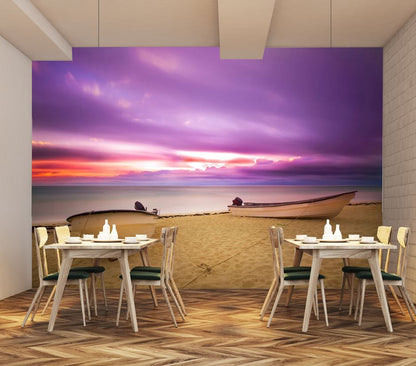 Wallpaper Murals Peel and Stick Removable Stunning Beach with Boats on Shore at Sunset Photograph High Quality