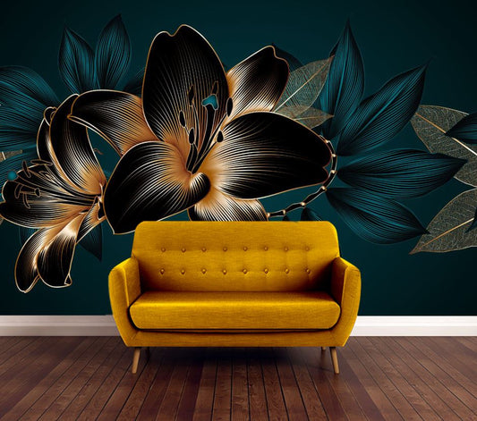 Wallpaper Murals Peel and Stick Removable Gold & Blue Abstract Floral Design High Quality