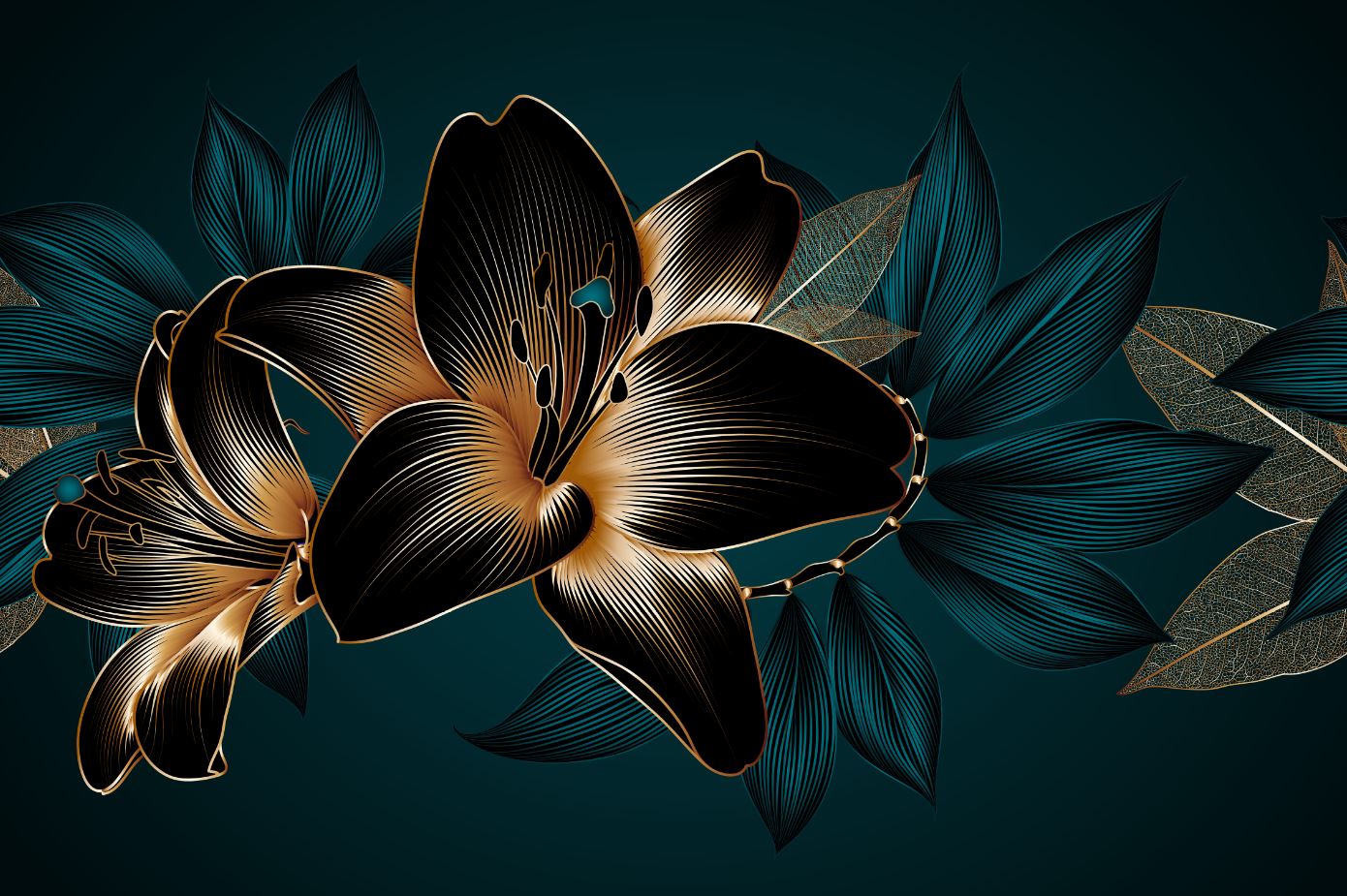 Wallpaper Murals Peel and Stick Removable Gold & Blue Abstract Floral Design High Quality