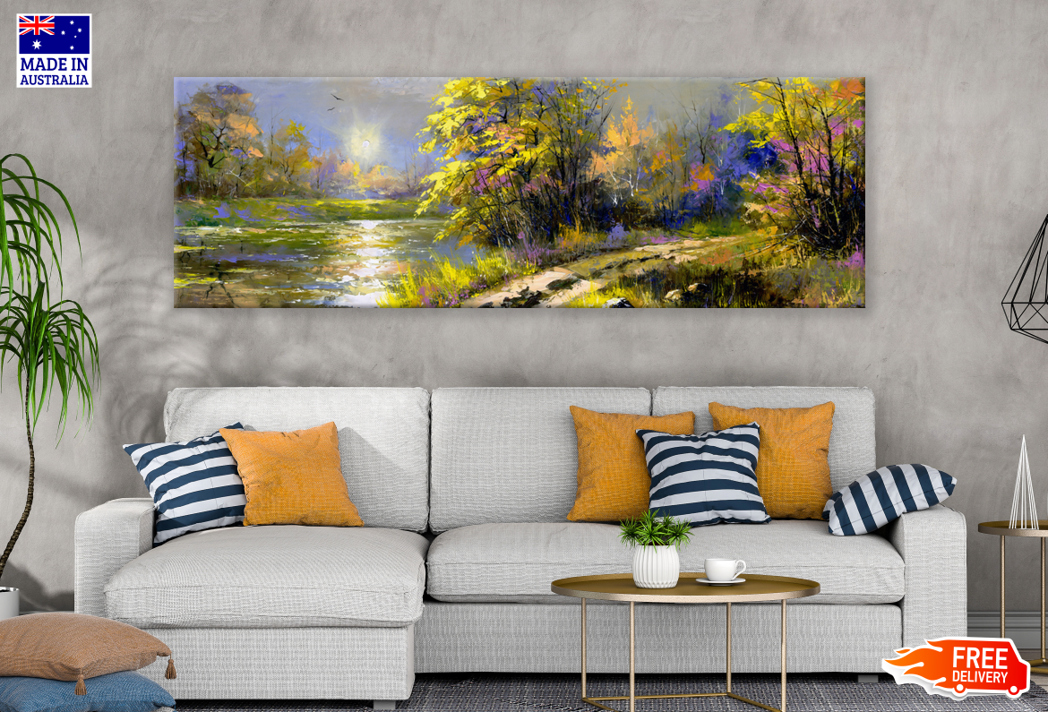 Panoramic Canvas Nature Painting Lake Grass High Quality 100% Australian made wall Canvas Print ready to hang