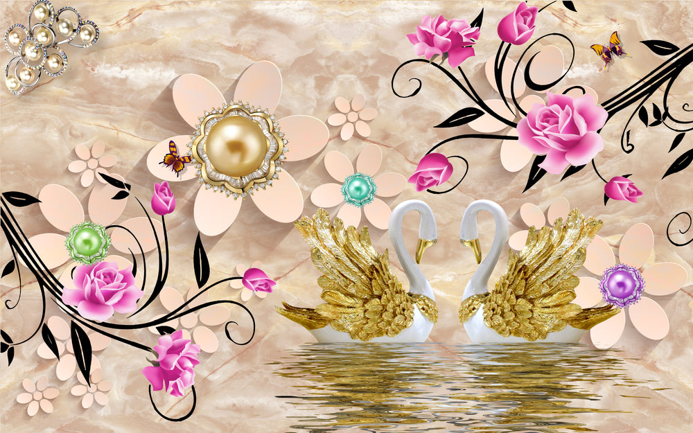 Swans & Flowers 3D Design Home Decor Premium Quality Poster Print Choose Your Sizes