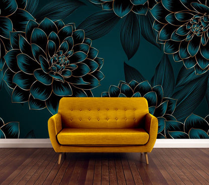 Wallpaper Murals Peel and Stick Removable Blue & Gold Floral Design High Quality