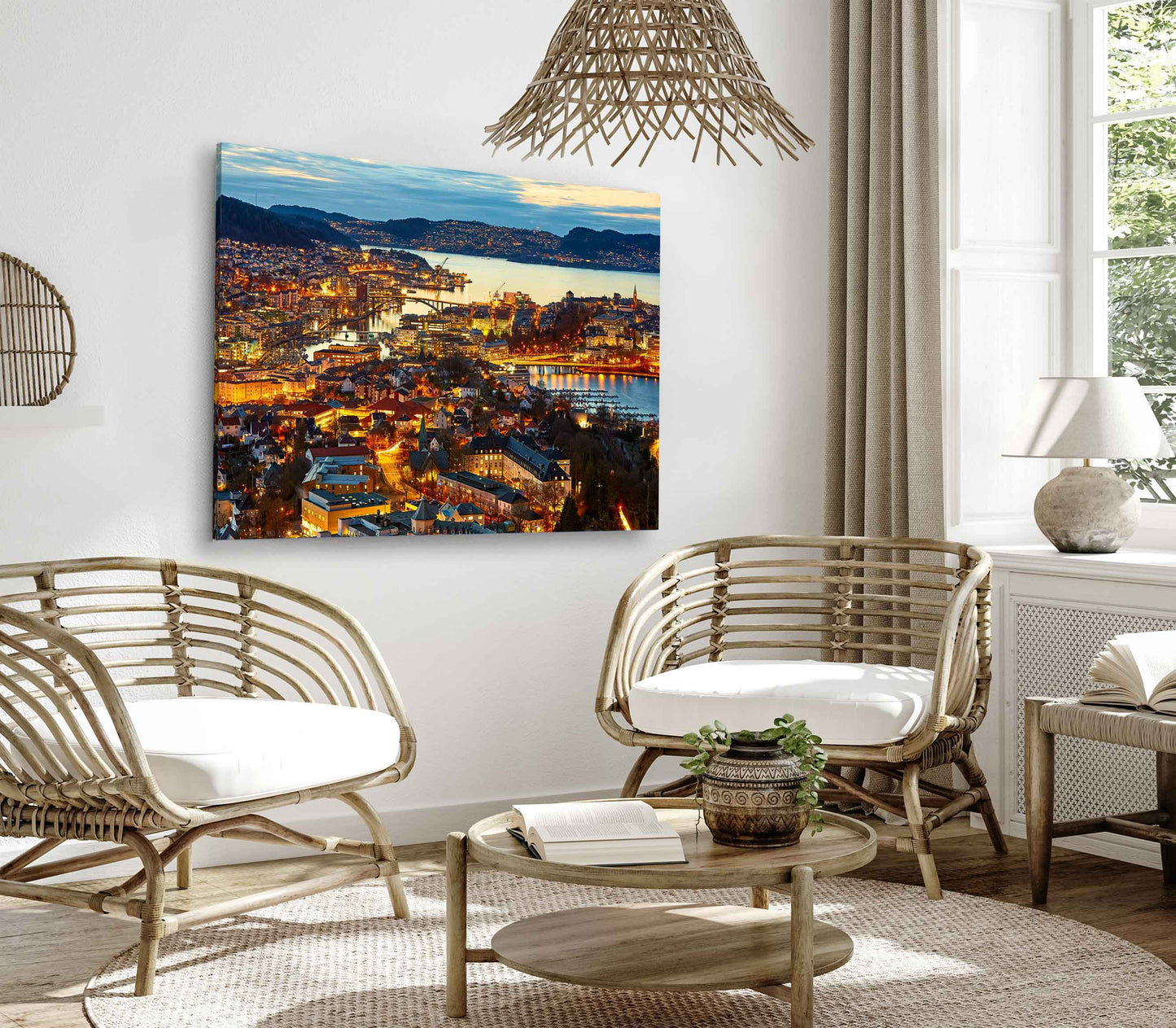 Bella Home Bergen City at Dusk, Aerial View, Norway Print Canvas Ready to hang