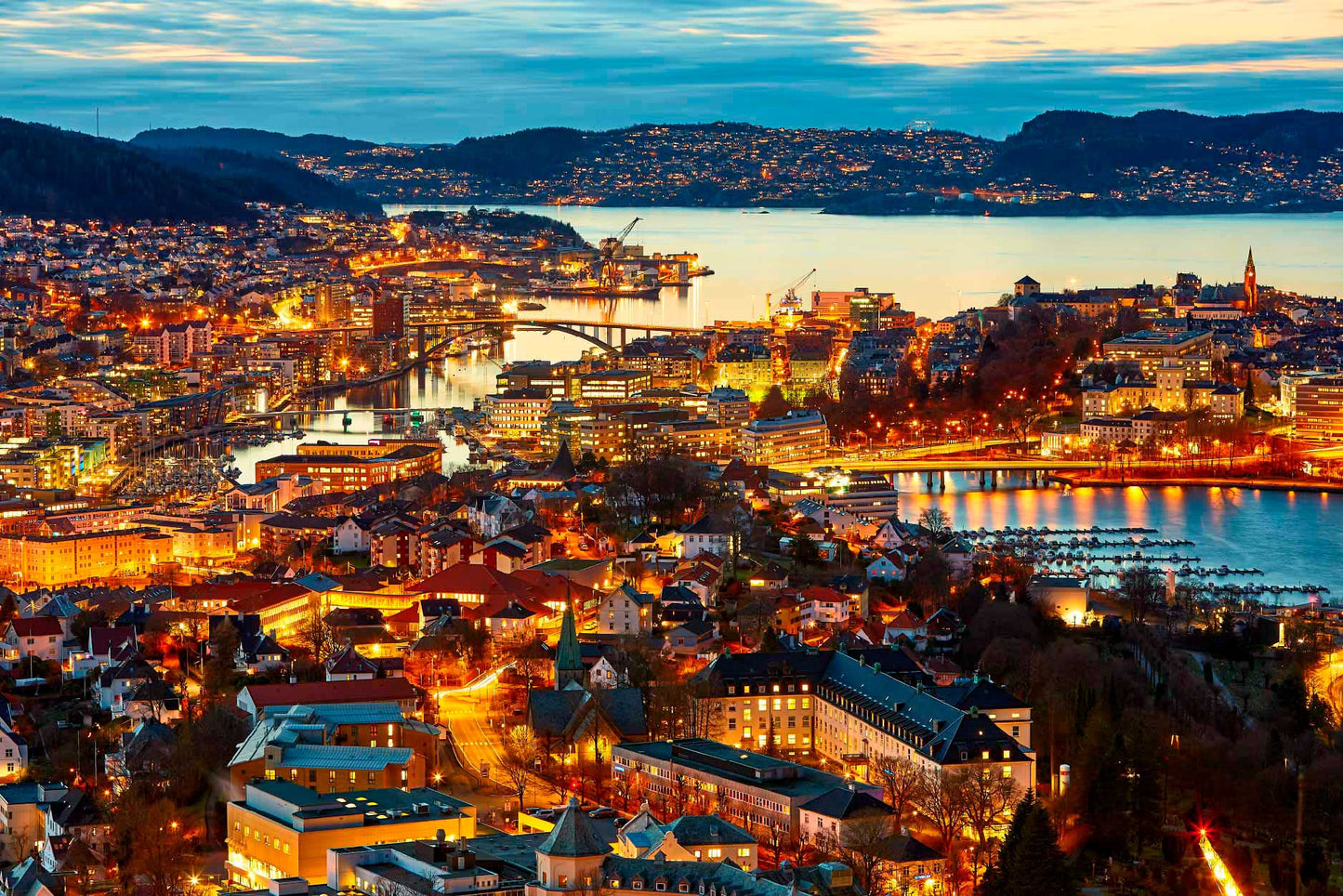 Bella Home Bergen City at Dusk, Aerial View, Norway Print Canvas Ready to hang