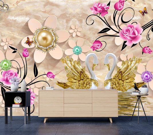 Wallpaper Murals Peel and Stick Removable Swans & Floral Design High Quality