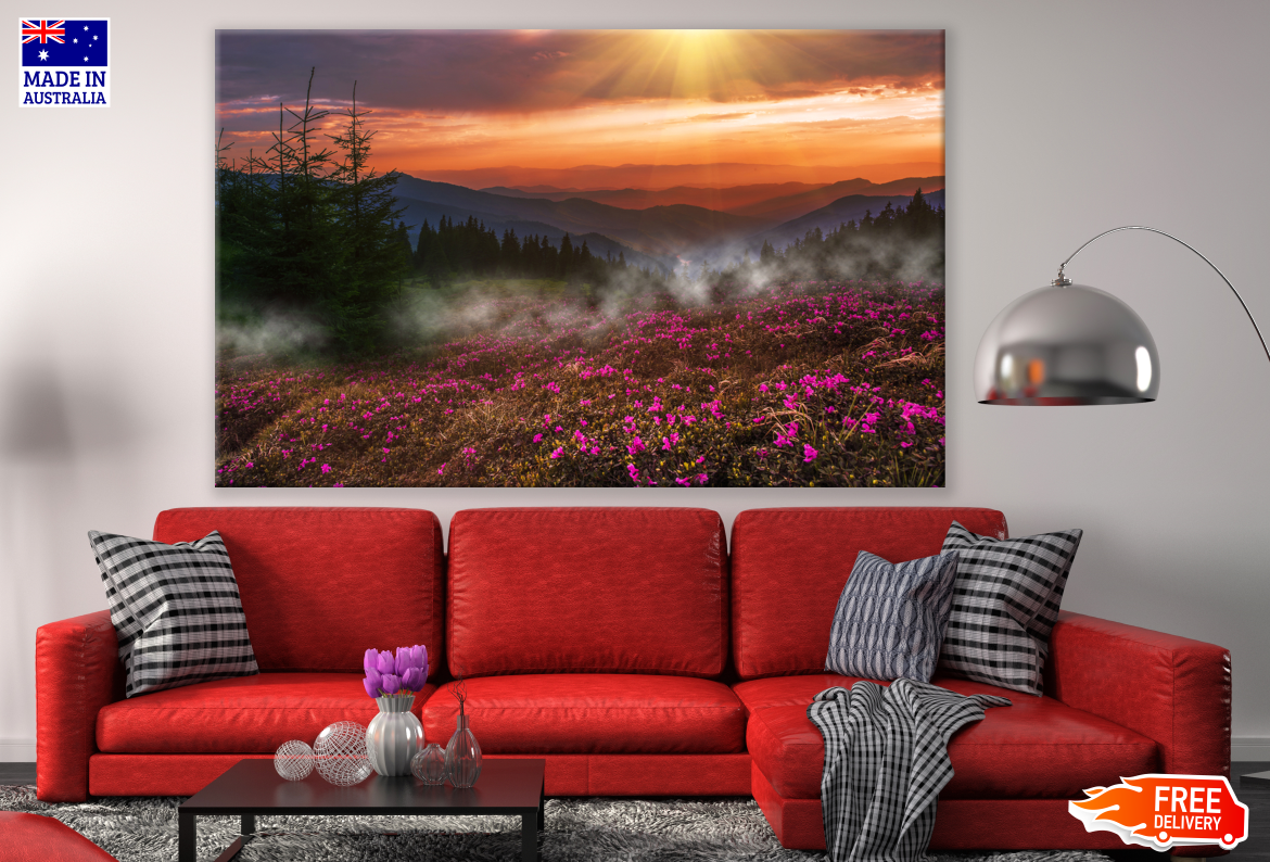 Sunset View From a Misty Peony Flower Field Print 100% Australian Made