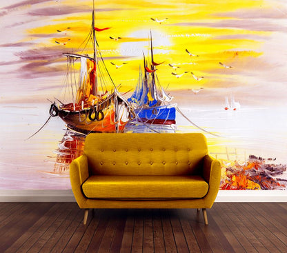 Wallpaper Murals Peel and Stick Removable Boats on Beach Painting High Quality