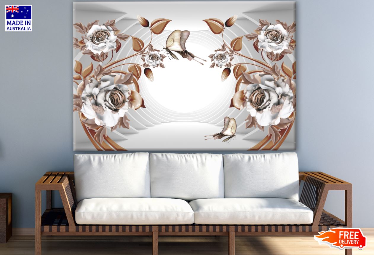 Brown & White Flowers & Butterflies 3D Design Print 100% Australian Made