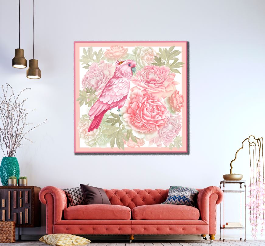 Square Canvas Pink Parrot & Flowers Painting High Quality Print 100% Australian Made