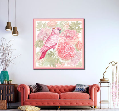 Square Canvas Pink Parrot & Flowers Painting High Quality Print 100% Australian Made