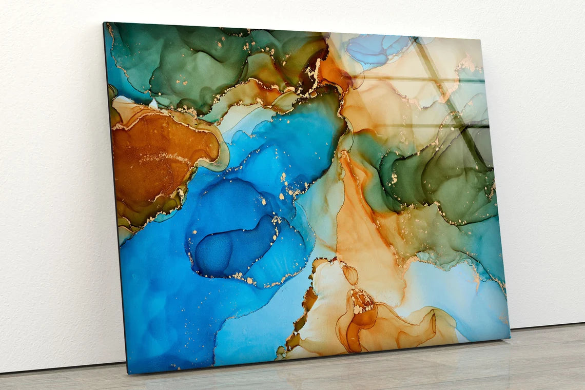 Blue Brown Green & Gold Abstract Design Acrylic Glass Print Tempered Glass Wall Art 100% Made in Australia Ready to Hang