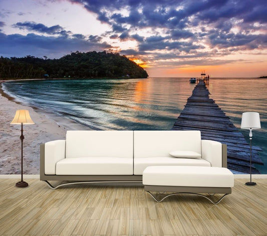 Wallpaper Murals Peel and Stick Removable Wooden Pier Over Beach High Quality