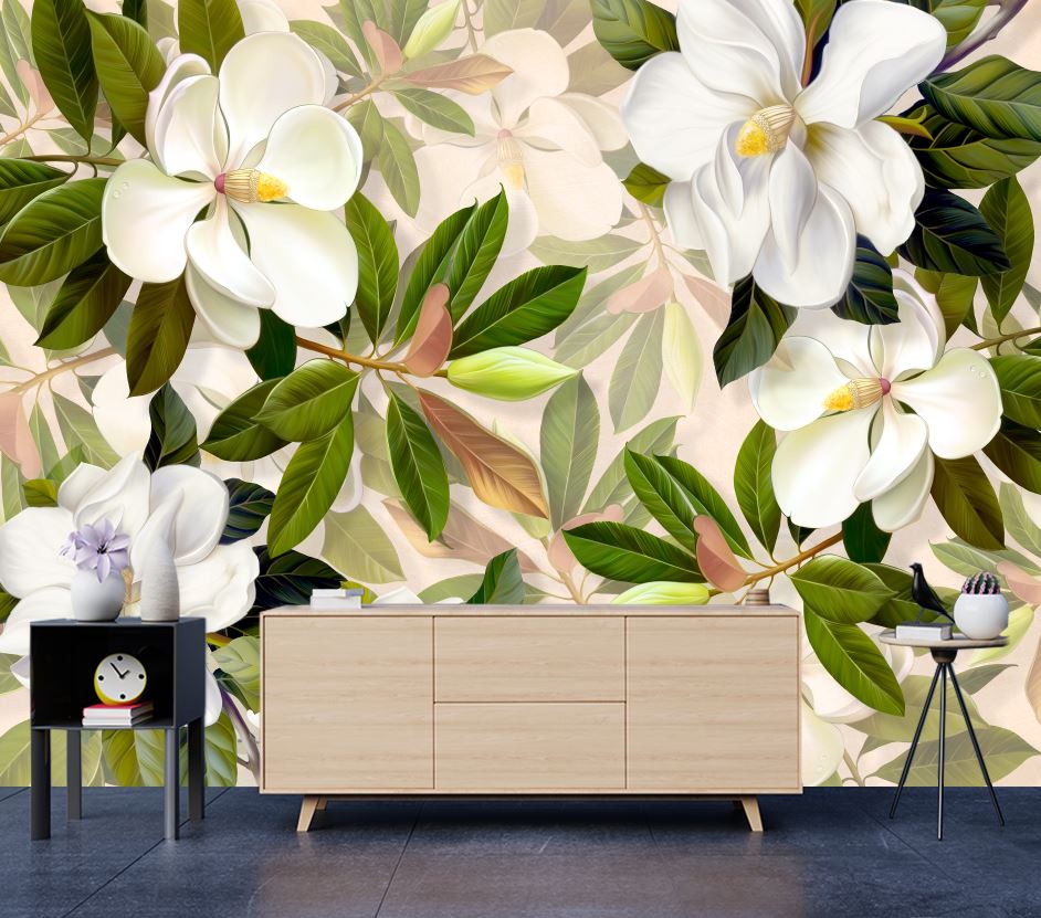 Wallpaper Murals Peel and Stick Removable White Floral Design High Quality