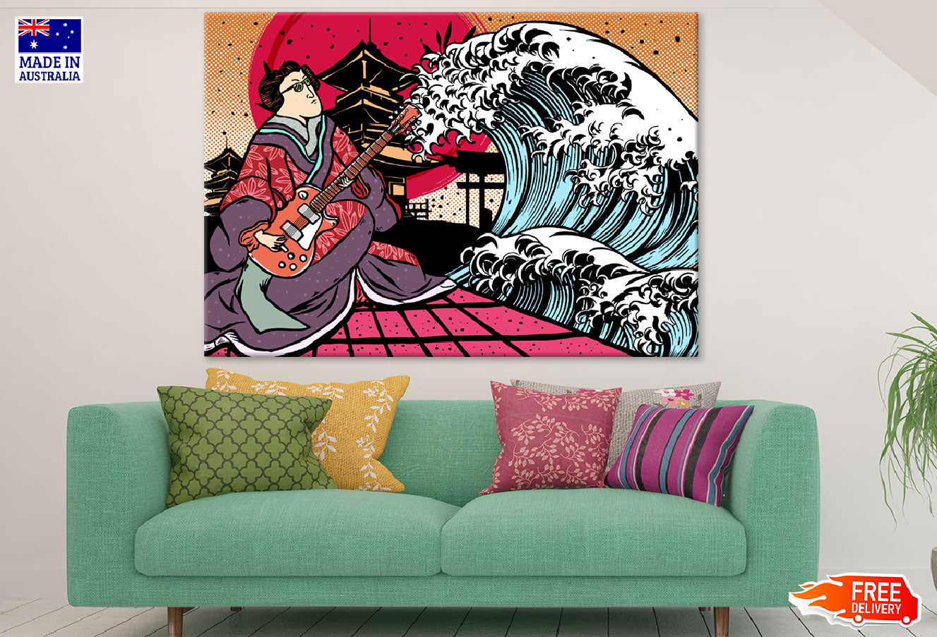 Japanese Guitar Player & Sea Waves Vector Print 100% Australian Made