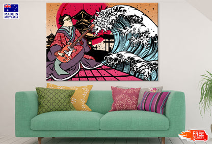 Japanese Guitar Player & Sea Waves Vector Print 100% Australian Made
