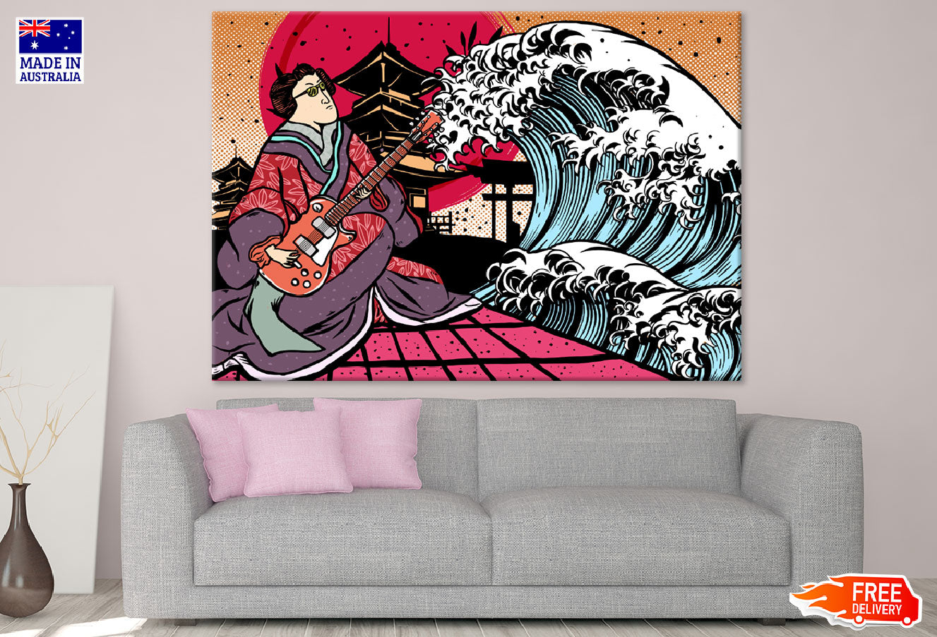 Japanese Guitar Player & Sea Waves Vector Print 100% Australian Made