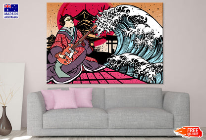 Japanese Guitar Player & Sea Waves Vector Print 100% Australian Made
