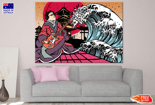 Japanese Guitar Player & Sea Waves Vector Print 100% Australian Made