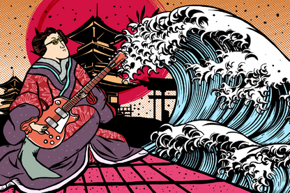 Japanese Guitar Player & Sea Waves Vector Print 100% Australian Made